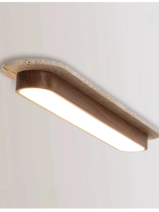 Plafonnier long en travertin et bois 10×50 cm
